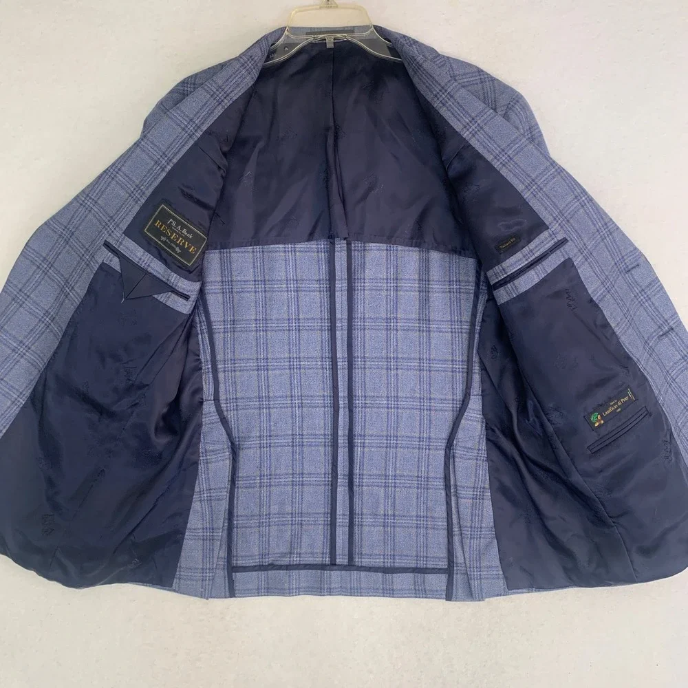 Jos A Bank Reserve Sport Coat 43R Blue Windowpane Silk Wool Lanificio di Pray